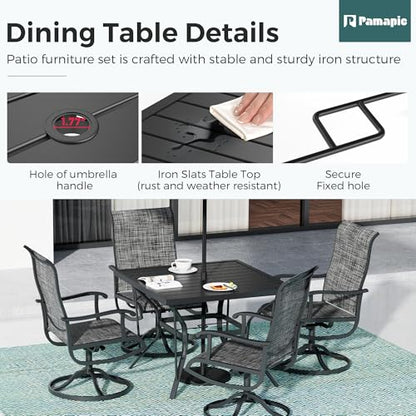 PATIOPIA 5-Piece Outdoor Dining Set, All Weather Patio Table and Chairs Set with Umbrella Hole for 4, Outdoor Table and 4 Textilene Swivel Chairs for Backyard, Poolside, Deck, Grey