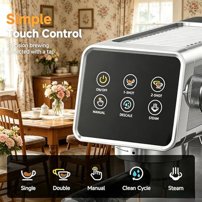 AMZCHEF Espresso Machine with Self-Cleaning, 20Bar Coffee Maker, Platinum
