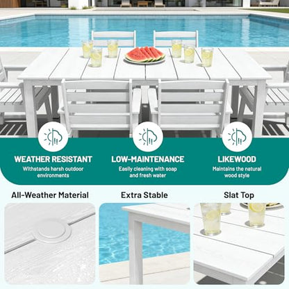 PLUUV 9-Piece Outdoor Patio Dining Set – HDPE Dining Table with Aluminum Legs and Umbrella Hole, 8 Chairs & 1 Table, All-Weather Patio Furniture Set for Garden Deck Backyard, White
