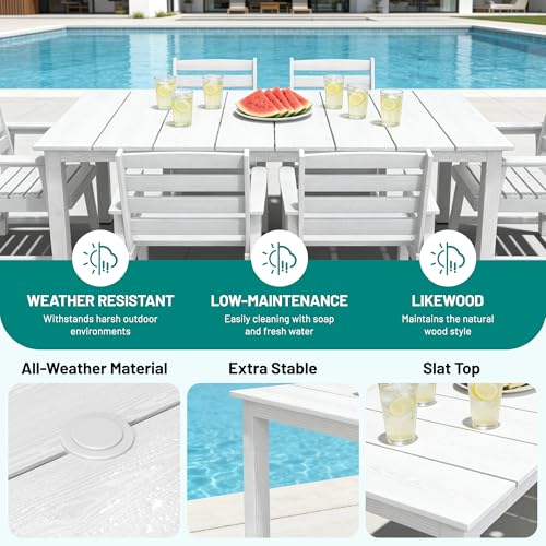 PLUUV 7-Piece Outdoor Patio Dining Set, All-Weather HDPE Dining Furniture Set with Umbrella Hole Cut-Out Table, Aluminum Table Legs, and 6 Chairs, Waterproof & Easy Clean for Backyard, Garden, White