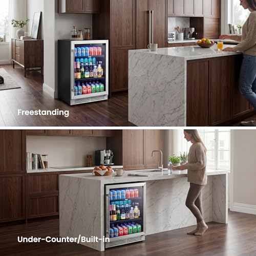 Yeego Beverage Refrigerator & Drink Fridge - 24 inch 180 Cans Beer Cooler Glass Door, 34-54℉ Under Counter Refrigerator Built-in for Drink Soda Wine for Bar Office Bedroom