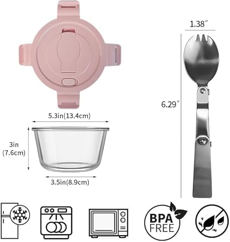 S.ROKE TTAN 2 Cup Round Glass Soup Container with Lids and Spoons, 16oz Round Food Containers set, BPA-Free Small Borosilicate Glass Meal Prep Bowls for Leftover, Office. Oven, Freezer Safe (4 Pack)