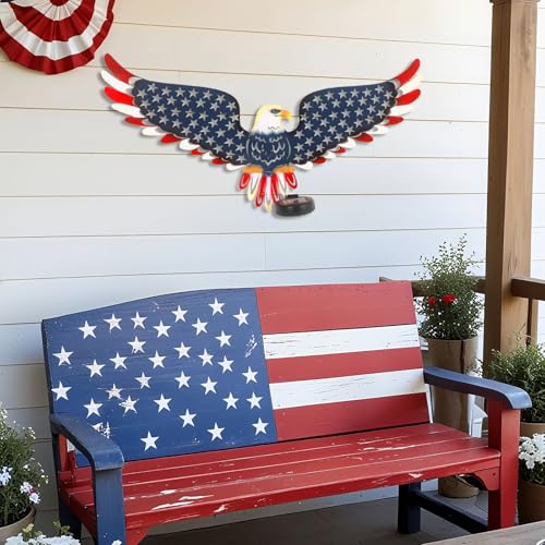 23" American Eagle Metal Wall Art with Solar Lights Outdoor - 4th of July Decorations Outdoor | Led-lit Patriotic Sculpture with American Flag | Solar Powered Independence Day Decor for Yard & Porch