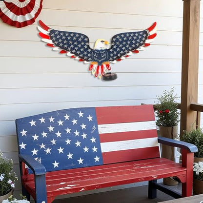23" American Eagle Metal Wall Art with Solar Lights Outdoor - 4th of July Decorations Outdoor | Led-lit Patriotic Sculpture with American Flag | Solar Powered Independence Day Decor for Yard & Porch