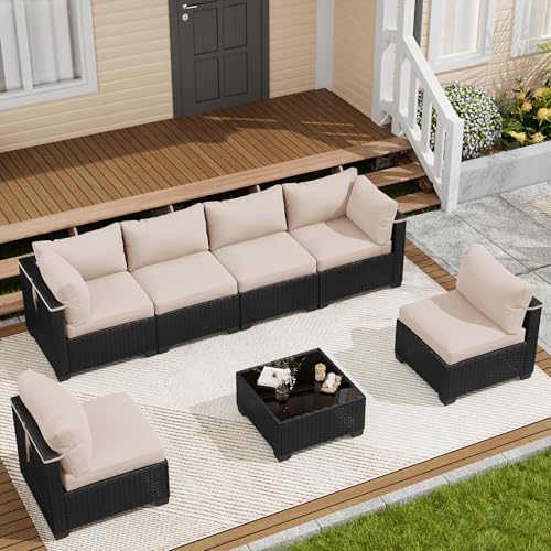 LOUVIXA 7 Piece Outdoor Patio Furniture Set, Outdoor Sectional Sofa, Wicker Rattan Patio Furniture, Patio Conversation Set with Coffee Table & Cushions