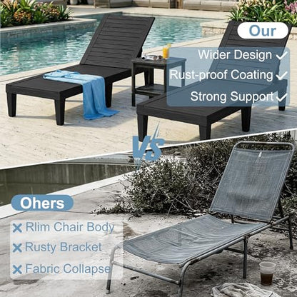 Lounge Chair Outdoor,Set of 2 All-Weather UV-Resistant & Waterproof Patio Lounge Chairs,High-Impact PP 5 Position Adjustable Tanning Chair,Heavy Duty Pool Lounge Chairs Great for Pool & Yard,Black