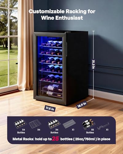 Icyglee 25 Bottle Compressor Wine Cooler Refrigerator, Freestanding Wine Cellar with 41-64°F Adjust Temp & Double-layer Glass Door for Red and White, Wine Cooler for Home Bar, Black