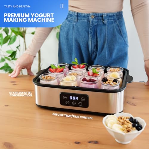 Collier Kitchen Automatic Yogurt Maker | 12 Glass Jars 180ml, Digital Timer & Temp Control | Stainless Steel Greek Yogurt Machine with Auto Shut-Off for Homemade Healthy Probiotic Snacks