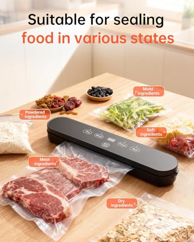 Vacuum Sealer Machine, 75kPa Suction Power, Compact Vacuum Sealer for Food, 4-in-1 Food Sealer, Digital Timer, Moist/Dry, Pulse, Seal Modes, with 20 Vacuum Bags, Black