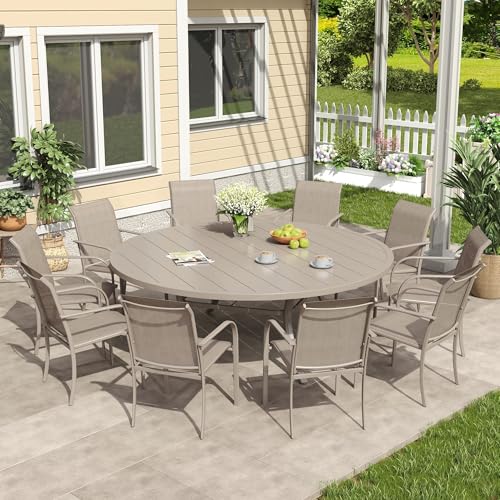 VICLLAX 11 Pieces Patio Outdoor Dining Set, 63" Round Metal Table with Umbrella Hole and 10 Stackable Textilene Chairs for Patio, Lawn, Garden, Porch, Sandshell
