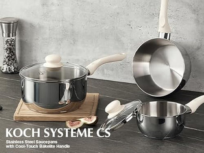 KOCH SYSTEME CS Stainless Steel Saucepan, 2QT Sauce Pan with Lid with Stay-cool Bakelite Handle, Stainless Steel Pot 2QT with Comfortable Handle, 2 Quart Sauce Pan with Lid, Induction Ready