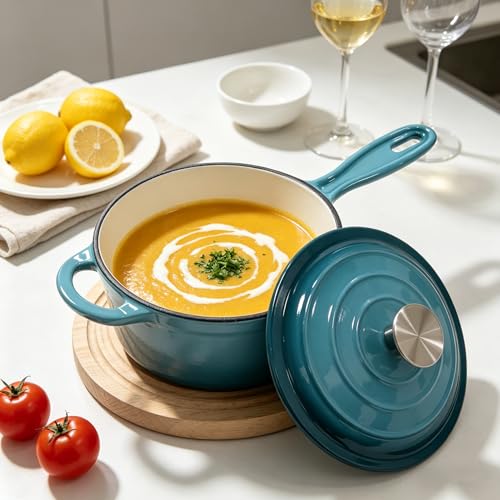 Maldira Enameled Saucepan with Lid, Non Stick Cast Iron Sauce Pan, Dutch Oven Pot (Peacock Blue, 2 Quarts)