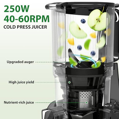 SUSTEAS Juicer Machines with 5.3" Extra Wide Chute, Cold Press Juicer for Whole Fruits & Vegetables, 64oz Large Capacity Juice Extractor, Easy to Clean, High Juice Yield, Home Juicer, Premium Black