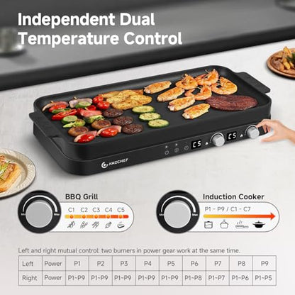 AMZCHEF Double Induction Cooktop with Removable Griddle Pan Non-stick, 1800W 2 burner Portable Induction Stove With Sensor Touch 9 Power Levels, 99 Min Timer, Black