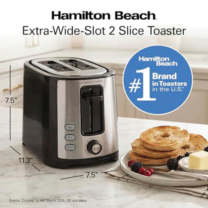 Hamilton Beach 2 Slice Extra Wide Slot Toaster with Bagel & Defrost Settings, Shade Selector with 7 Browning Levels, Toast Boost, Auto Shutoff, Black & Stainless Steel (22633)