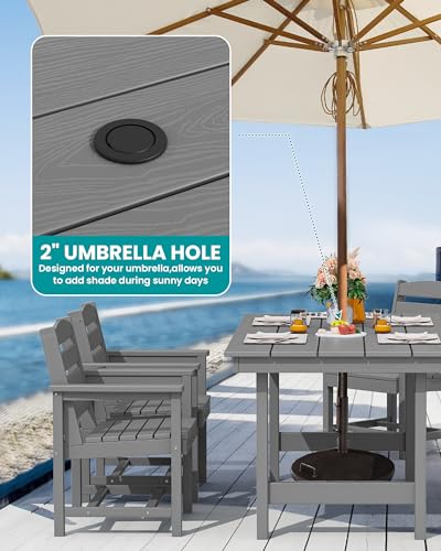 SERWALL Modern Patio Dining Set, 5-Piece Rectangular HDPE Dining Table with Umbrella Hole & 4 Chairs, Grey