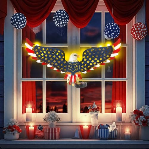 23" American Eagle Metal Wall Art with Solar Lights Outdoor - 4th of July Decorations Outdoor | Led-lit Patriotic Sculpture with American Flag | Solar Powered Independence Day Decor for Yard & Porch