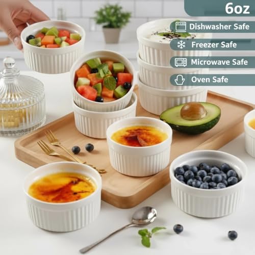 Ceramic Ramekins 6 Oz White Set of 6 | Oven, Microwave & Dishwasher Safe Porcelain Souffle and Creme Brulee Cups for Custard, Pudding, Dips & Individual Desserts, Thick Wall Heat Resistant Construction
