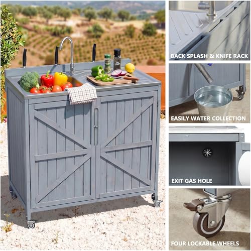 LUMISOL Outdoor Grill Cart with Stainless Steel Top, Farmhouse Outdoor Rolling Kitchen Island with Sink, Hose Hook Up & Faucet, 39.4" Kitchen Table with Back Splash & 4 Wheel, Grey+Blue