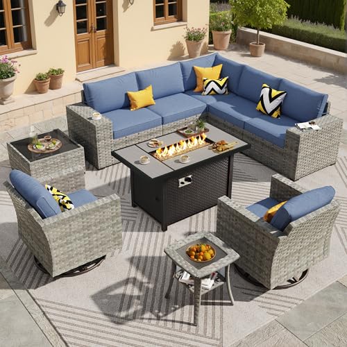 ovios 10 Pieces Patio Furniture Set, Outdoor Wicker Sectional Sofa Couch with 42" Fire Pit Table Swivel Chairs, Modern Modular Deep Seat Rattan Conversation Sets, Denim Blue