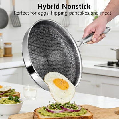 Vocvee Non Stick Frying Pans, 10-inch with Lid, Hybrid Frying Pans Nonstick Stainless Steel Skillets, Dishwasher & Oven-Safe, Stay-Cool Handle, PFOA Free Cookware, Compatible with All Cooktops