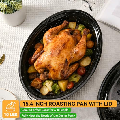 15.4” Roasting Pan With Lid, Oval Roaster Pan, Medium Roasting Pan For 10 Lb Turkey, Chicken, Lamb, Vegetables, Casserole, Lasagnaa