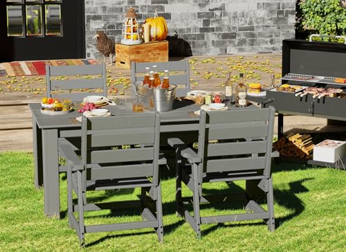 GREENVINES 7-Piece Outdoor Dining Set | HDPE | Patio Table and Chairs Sets for 6 | Patio Furniture | All Weather | Umbrella Hole | Grey | for Backyard Poolside Garden