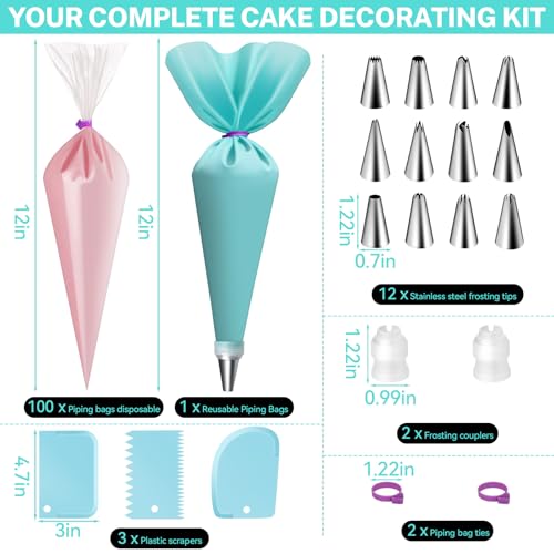 HOTEC Piping Bags and Tips Set, 120 Pcs Cake Decorating Kit with 100pcs 12 Inch Disposable Pastry Bags, 1 Reusable Piping Bags, 12 Piping Tips, 3 Cake Scraper, 2 Couplers, 2 Bag Ties, Baking Supplies