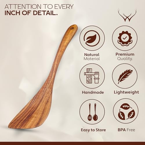 Wooden Spatula for Cooking, Teak Wood Spatula for non stick frying pan With Long Handle - Wooden Pancake Spurtle Non-Stick Cooking Utensils for kitchen use