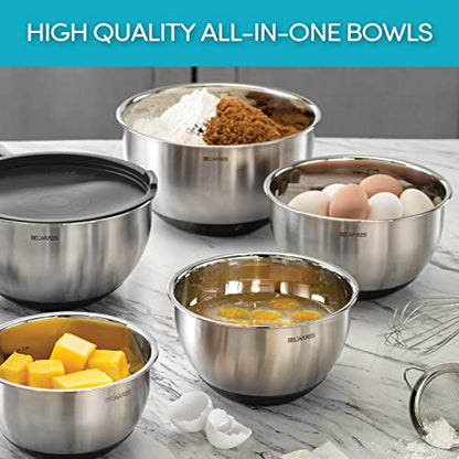 Belwares Mixing Bowls with Lids Set of 5 - Stainless Steel Mixing Bowl Set, Nesting Metal Bowls with Non Slip Bottoms + 3 Grater Attachments, Airtight Lids for Baking, Food Prep + Storage, Black
