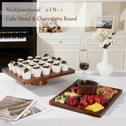 HouseJoy Acacia Wood Cake Stand with Lid-Extra Large 17" Rectangular Cake Holder,2-in-1 Dessert Table Display Set & Charcuterie Board,Acrylic Cake Dome Cover for Cheese/Veggie/Desert /Chips & Dip