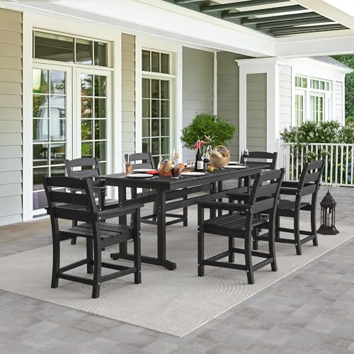 nalone 7-Piece Patio Dining Table Set, HDPE Outdoor Dining Sets with Table and 6 Chairs, Dining Furniture Set with Umbrella Hole (Black, 7 Pcs)