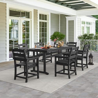 nalone 7-Piece Patio Dining Table Set, HDPE Outdoor Dining Sets with Table and 6 Chairs, Dining Furniture Set with Umbrella Hole (Black, 7 Pcs)