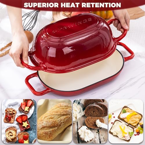 GdnWings Oval Dutch Oven for Bread Baking, 12 x 8 Inch Cast Iron Bread Oven for homemade bread, Sourdough Dutch Oven Bread baking Pan for a Crispy Crust, 5QT, Cherry