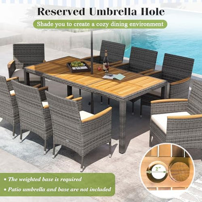 Tangkula 11 Pieces Patio Dining Set with 15 ft Double-Sided Patio LED Umbrella (Base Included), Outdoor Rattan Furniture Set with 8 Armchairs, 1 Rectangular Acacia Wood Dining Table