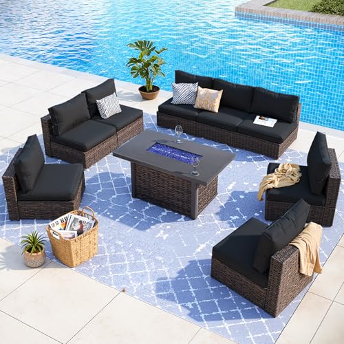 gaildon 9 Piece Patio Furniture Set with 42" Fire Pit Table, Outdoor Wicker Rattan Sectional Sofa Set, Patio Conversation Set with Thickened Cushions, Black