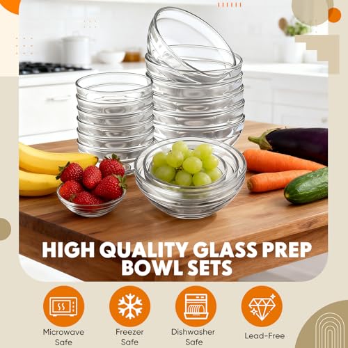 Sawysine 18 Pcs Glass Prep Bowl Sets 8.4oz/4.7oz/2.3oz Clear Small Pinch Bowls Salt Spices and Ingredients Serving Bowls Stackable for Kitchen Prep Cooking, Dishwasher Safe