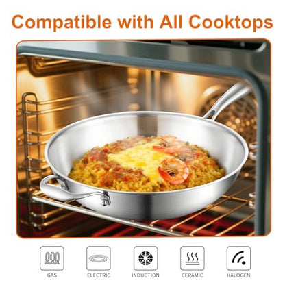 DELARLO Woks & Stir-Fry Pans, 13 in Stainless Steel Pan with Lid, With Side Ear, Large Cooking Surface, Tri-Ply Stainless Steel Wok Pan, 3 Layer Stainless Steel Saute Pan, Works on Induction, 600℉