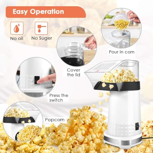 Popcorn Machine Hot Air Popper - 16-Cup Large Capacity Electric Popcorn Maker for Home Movie Night, 1200W Fast Popping Oil-Free Healthy Snack Maker for Kids & Party, White