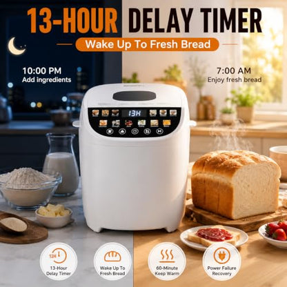 Smart Bread Maker, 2LB 12-IN-1 Automatic Bread Machine With Color Touchscreen, Gluten-Free Setting, Nonstick Pan, 2 Loaf Sizes, 13H Reserve & 1H Keep Warm (White)