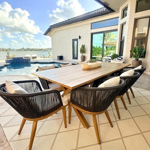 PURPLE LEAF 9 Pieces Patio Dining Set Wicker Outdoor Furniture Rectangular Table and Chairs Set for Garden Deck Teak-Finish Aluminum Frame Backyard Kitchen Set, Cushions and Pillows Included