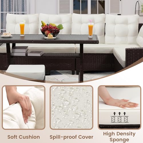 KROFEM KROFEM6-Piece Patio Furniture Set, Outdoor Sectional Sofa with Dining Table & Chairs, All-Weather Dining Set with Removable Cushion Covers, Ideal for Garden, Porch, Backyard, White