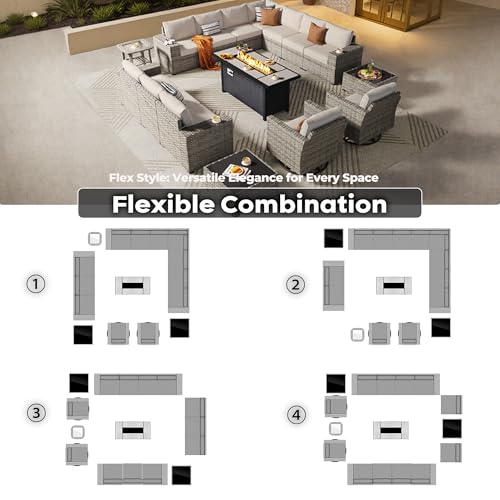 ovios 16 Pieces Patio Furniture Set, Outdoor Wicker Sectional Sofa Couch with 54" Fire Pit Table Swivel Chairs, Modern Modular Deep Seat Rattan Conversation Sets, Beige