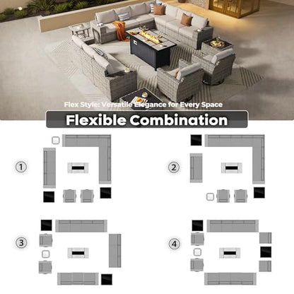 ovios 16 Pieces Patio Furniture Set, Outdoor Wicker Sectional Sofa Couch with 54" Fire Pit Table Swivel Chairs, Modern Modular Deep Seat Rattan Conversation Sets, Beige