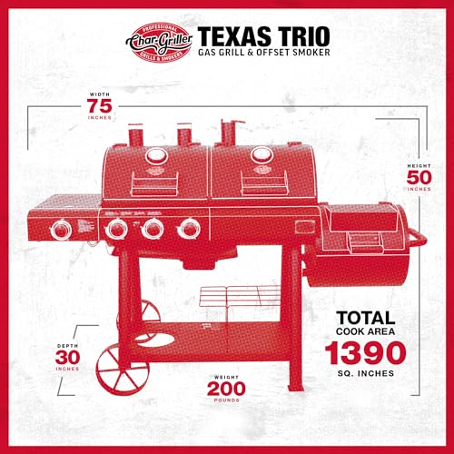 Char-Griller® Texas Trio 3-Burner Gas & Charcoal Grill and Smoker, Push Button to Ignite, Dual temperature Guages, Side Burner, Includes Side Firebox, 1,390 Cooking Square Inches, Black, Model# 3070