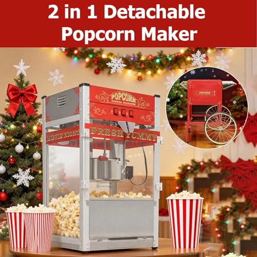 Commercial Popcorn Machine 32OZ with Cart - Stainless Steel Kettle Popper with Wheels, Warming Deck & Tempered Glass, for Business, School, Corporate, Institutional, Theater, Home Use, Red