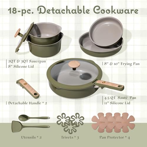 CAROTE 18 Pcs Ceramic Cookware Set Detachable Handle, Non Toxic Pots and Pans Set Non Stick, Induction Kitchen Cookware Removable Handles, Oven Safe, Stackable RV/Camping Cooking Set, Green