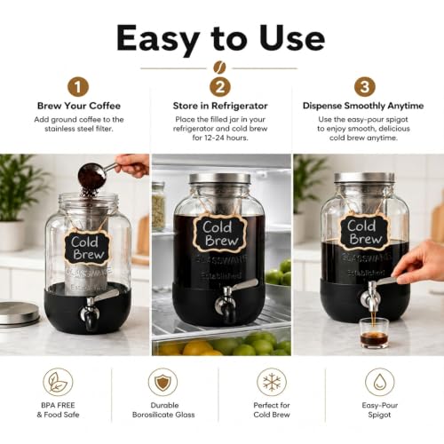 Cold Brew Coffee Maker With, Cold Brew Pitcher,1 Gallon Glass Pitcher With Stainless Steel Filter,304 Stainless Steel Leak-Proof Spigot,100% Leakproof,Large Iced Coffee Maker for Home, Easy to Use