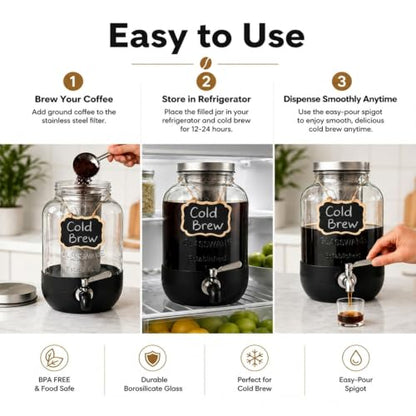 Cold Brew Coffee Maker With, Cold Brew Pitcher,1 Gallon Glass Pitcher With Stainless Steel Filter,304 Stainless Steel Leak-Proof Spigot,100% Leakproof,Large Iced Coffee Maker for Home, Easy to Use