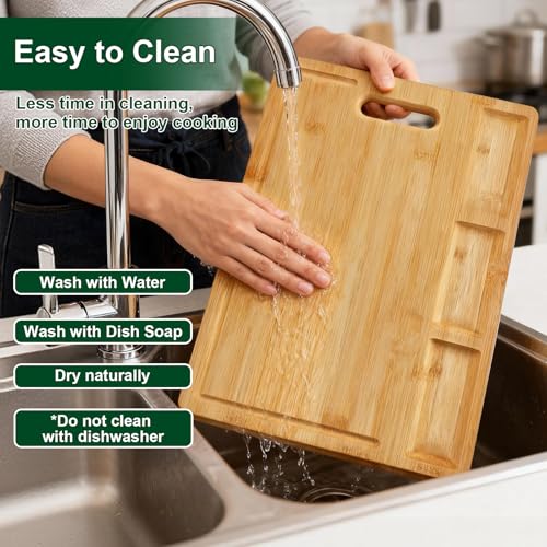 Bamboo Cutting Board with 3 Compartments: 17" Large Double-Sided Chopping Board with Juice Groove, Mess-Free Meal Prep for Meat, Vegetables & Fruits